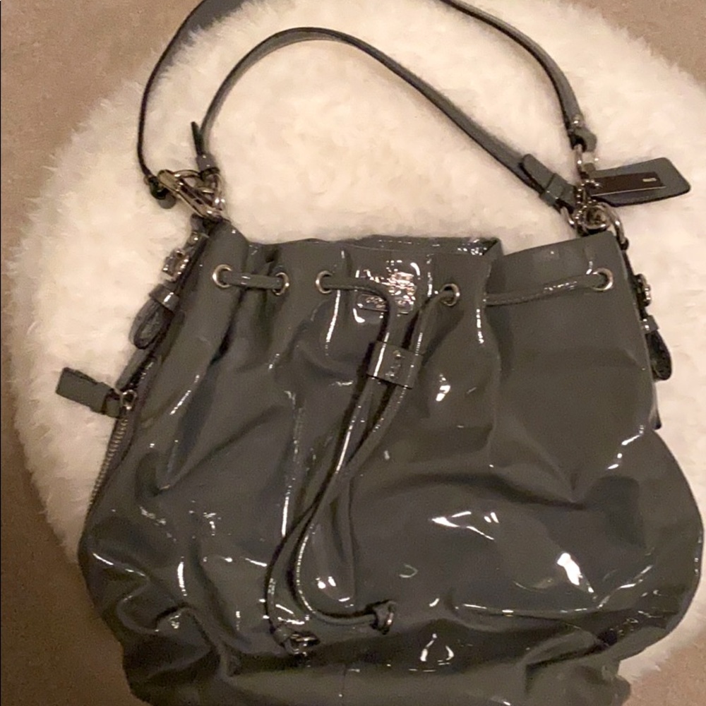 COACH grey patent leather bucket bag